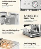 Dual Boiler Espresso Machine with Grinder, 20 Bar Espresso Machines-Use Milk Frother and Brew Coffee Machine Simultaneously, Removable Water Tank, Coffee Maker Cappuccino Latte, 95oz Water Tank