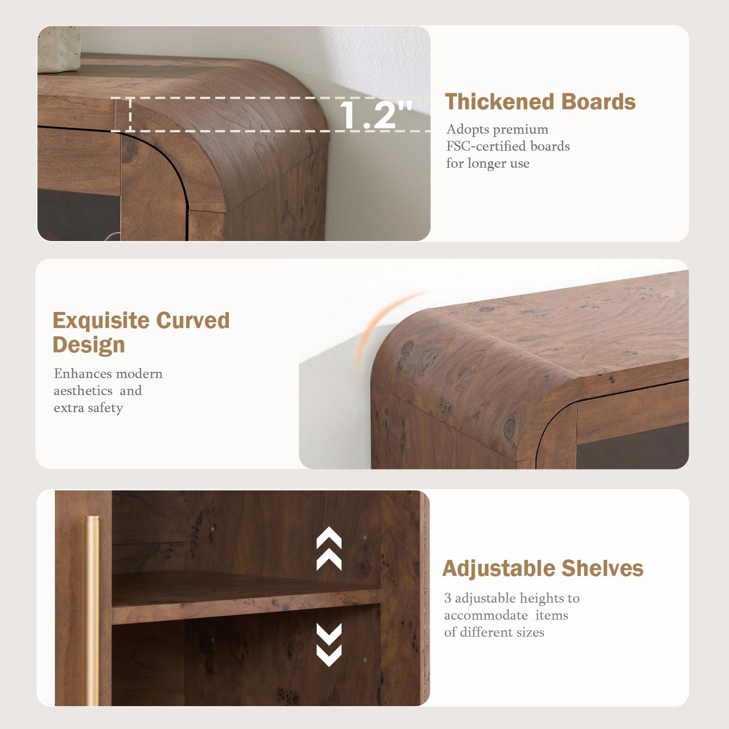 Sideboard Buffet Cabinet Unique Curved Large Credenza Storage Cabinet with 4 Glass Doors, FSC-Certified Wooden Board Console Cabinet, Kitchen Coffee Bar Cabinet for Living Room, Hallway