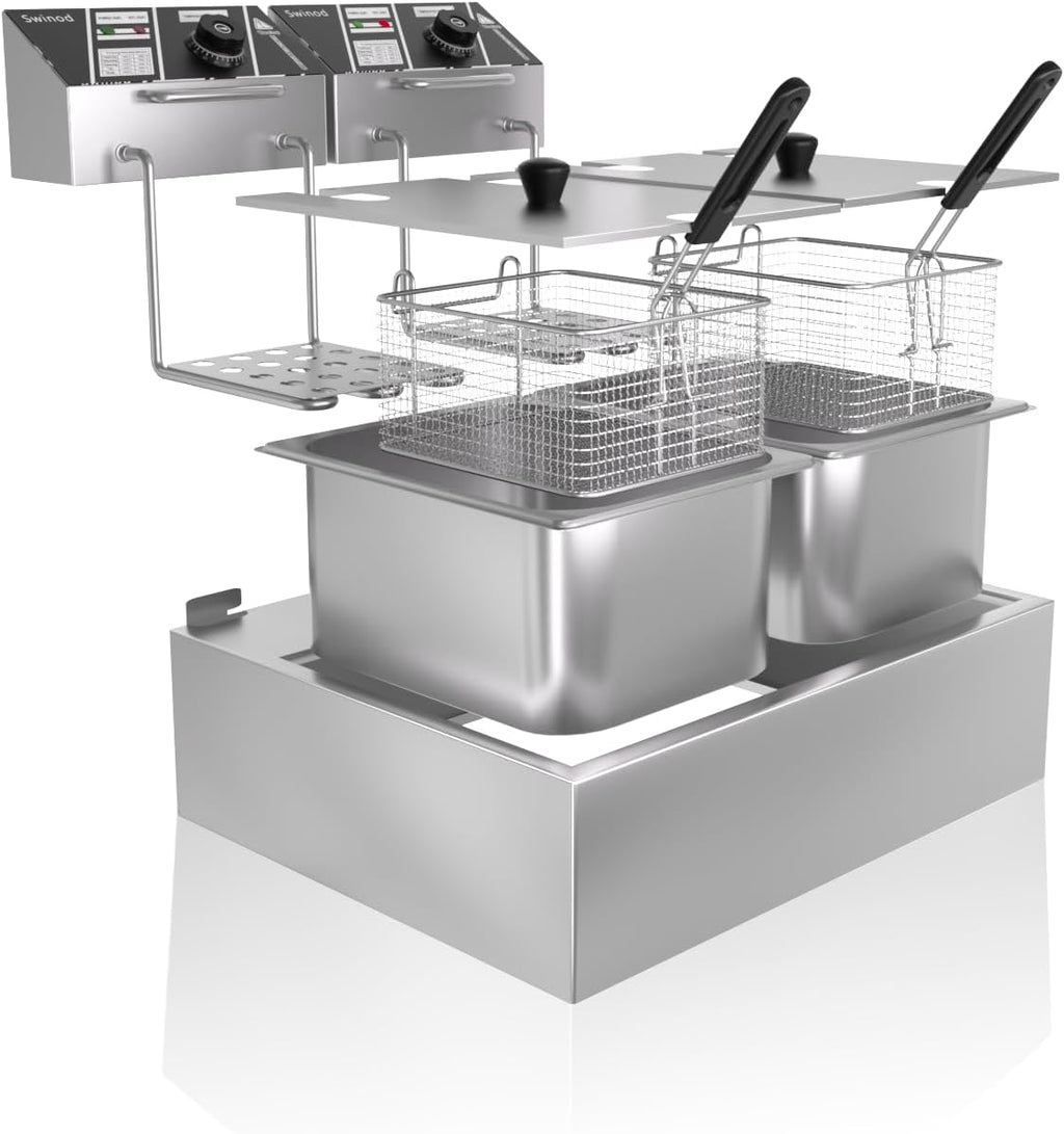 Commercial Deep Fryer with Baskets, 3400W 12.7QT/12L Thickened Stainless Steel Countertop Electric Oil Fryer, Large Capacity with Temperature Control, silver