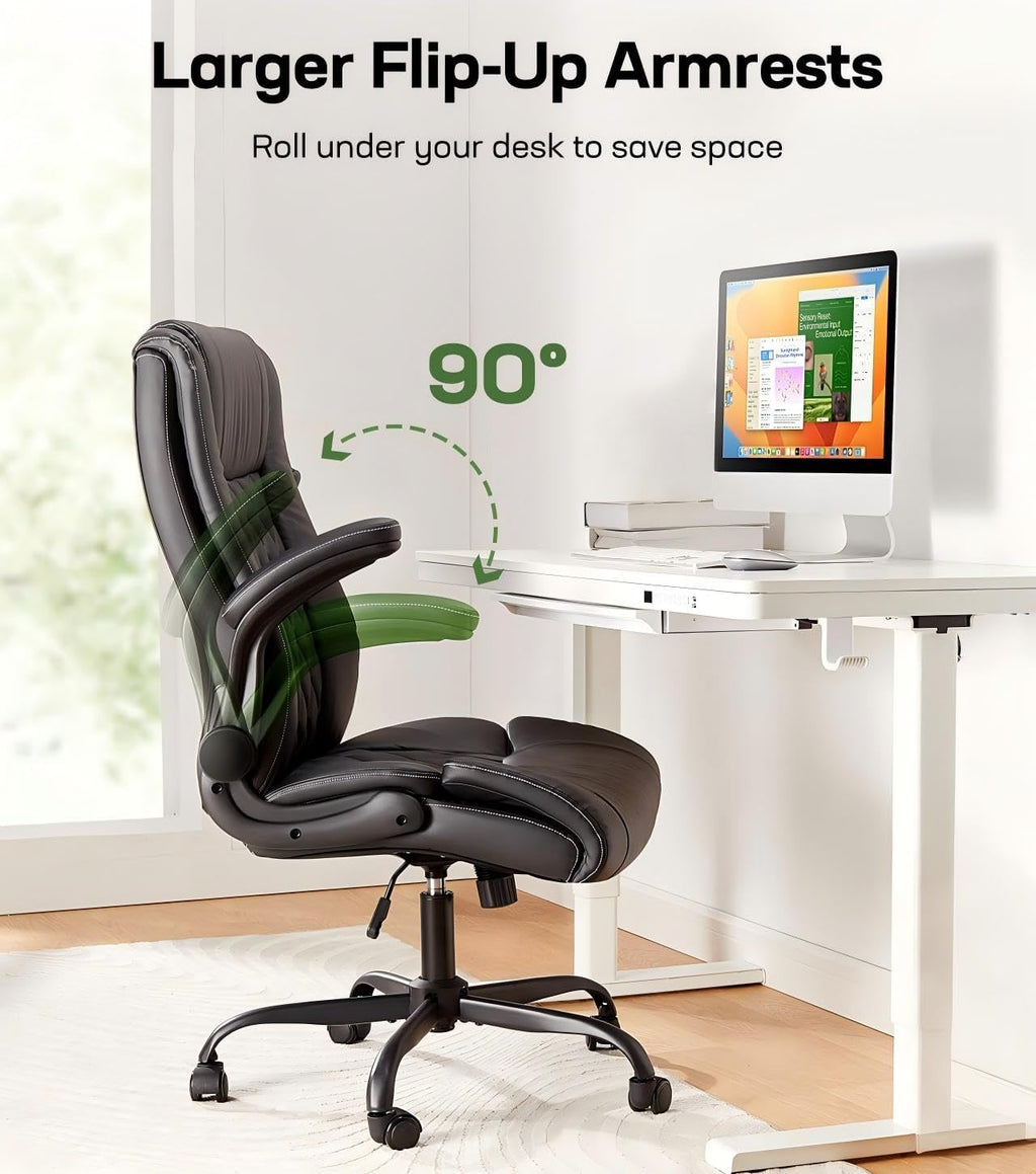 Marsail Executive Office Chair Ergonomic Desk Chair with Flip-up Armrests PU Leather Height-Adjustable Swivel Rolling Dark