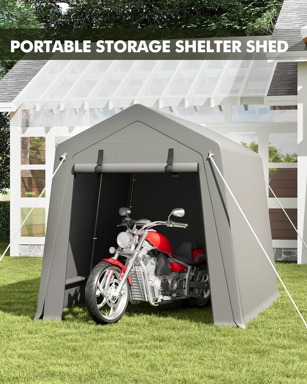 GarveeLife 7 x 10 ft Carport Storage Shed, Portable Garage with Roll-up Zipper Door, Heavy Duty Waterproof Tarp, Storage for Motorcycle, Bike, Firewood, Garden Tools