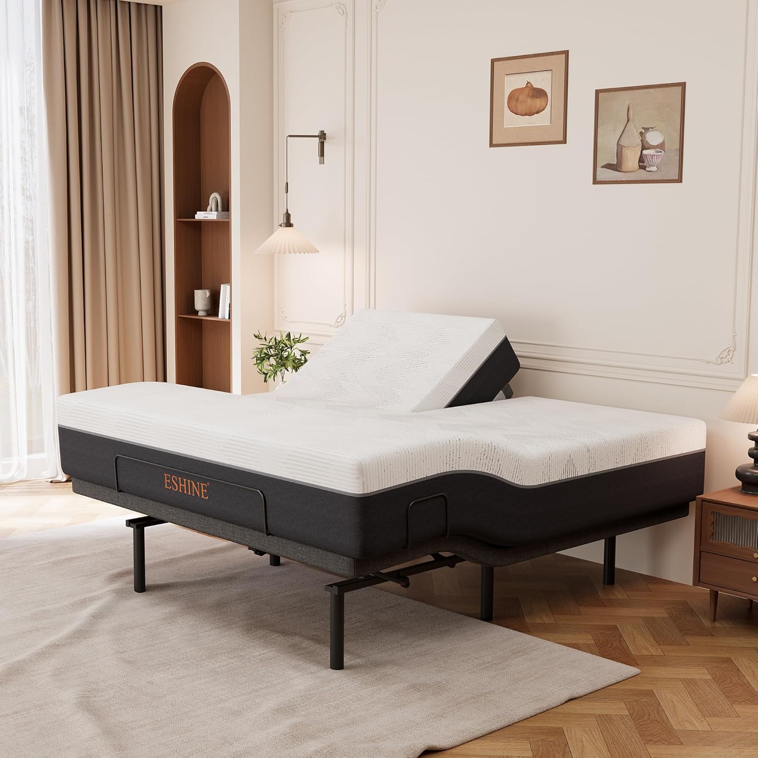 ESHINE Split Top King Adjustable Bed Frame with 14" Gel Memory Foam Mattress, Graphene Cover - Electric Upholstered Base, Massage Function, Wireless Remote, USB Ports, Under Bed Light, Grey