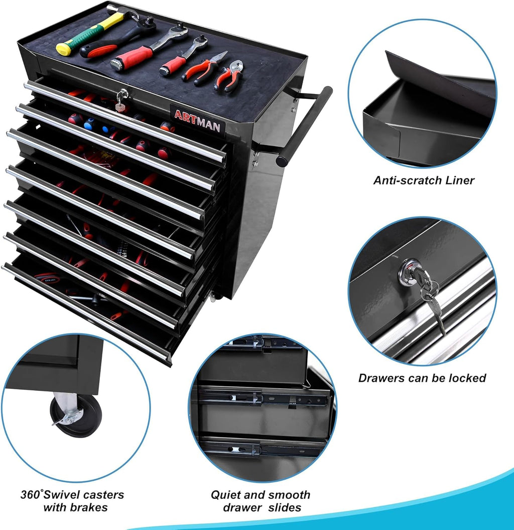 7 Drawers Rolling Tool Cart on Wheels, Multifunctional Organizer Tool Chest Tool Case, Trolley Tool Storage Tool Box for Workshop,Garage,Repair Shop (7 Drawers 24.2" W×12.9" D×29.9" H-Black)