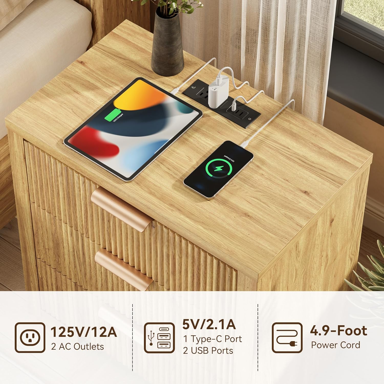 Fluted Nightstand Set of 2 with Charging Station, 23.6" Night Stand with 3 Drawers,End Table with Storage, Bed Side Table for Bedroom,Modern Nightstand for Living Room, Natural Oak