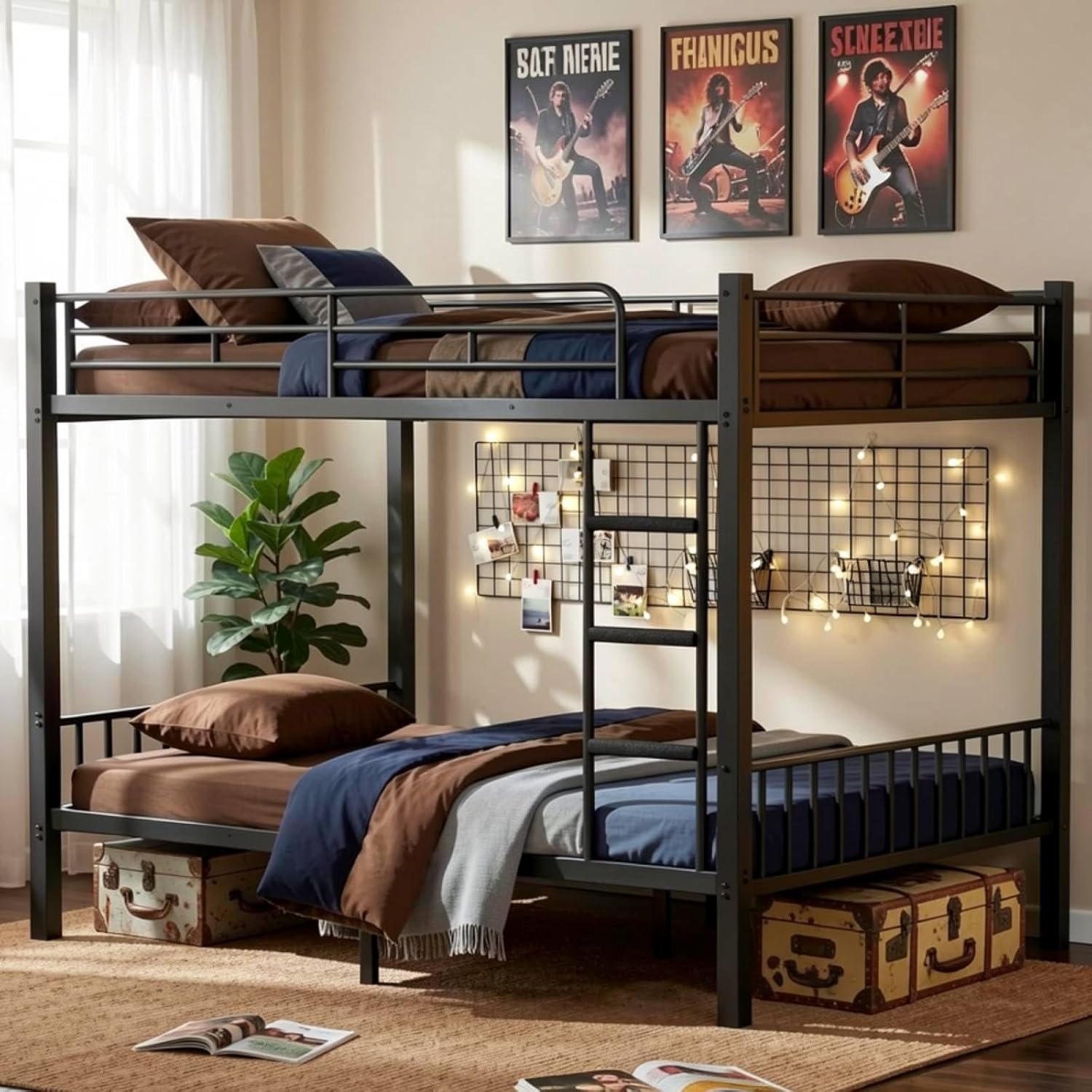 Queen Over Queen Bunk Bed for Adults & Teens, Heavy Duty Metal Bunk Bed with EVA Anti-Slip Ladder & Full-Length Guardrails, Noise-Free Queen Bunk Bed Frame with Under-Bed Storage, Black