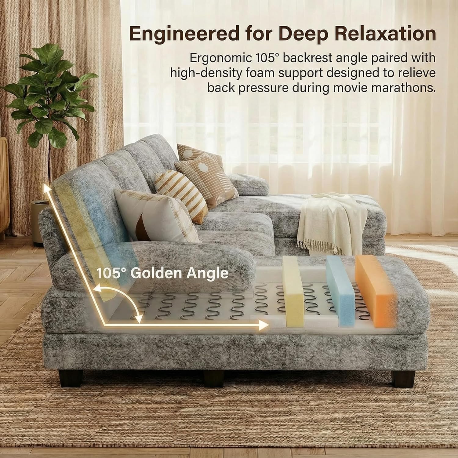 Homall Modular Sectional U Shaped Sofa Couches for Living Room, Comfy Chenille 4 Seat Sofa Set with Removable Pillows, Lounge Chaise Upholstered Couch for Apartment (Chenille, Grey)