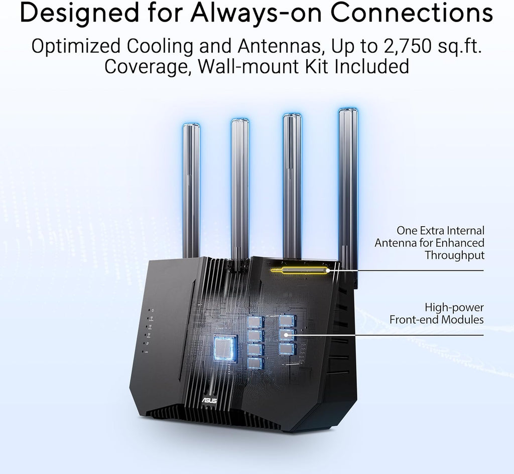 ASUS RT-BE92U BE9700 Tri-Band WiFi 7 Router  Supports New 320MHz Bandwidth & 4096-QAM  MLO  AI WAN Detection  AiMesh Support  Subscription-Free Network Security & Comprehensive VPN Features