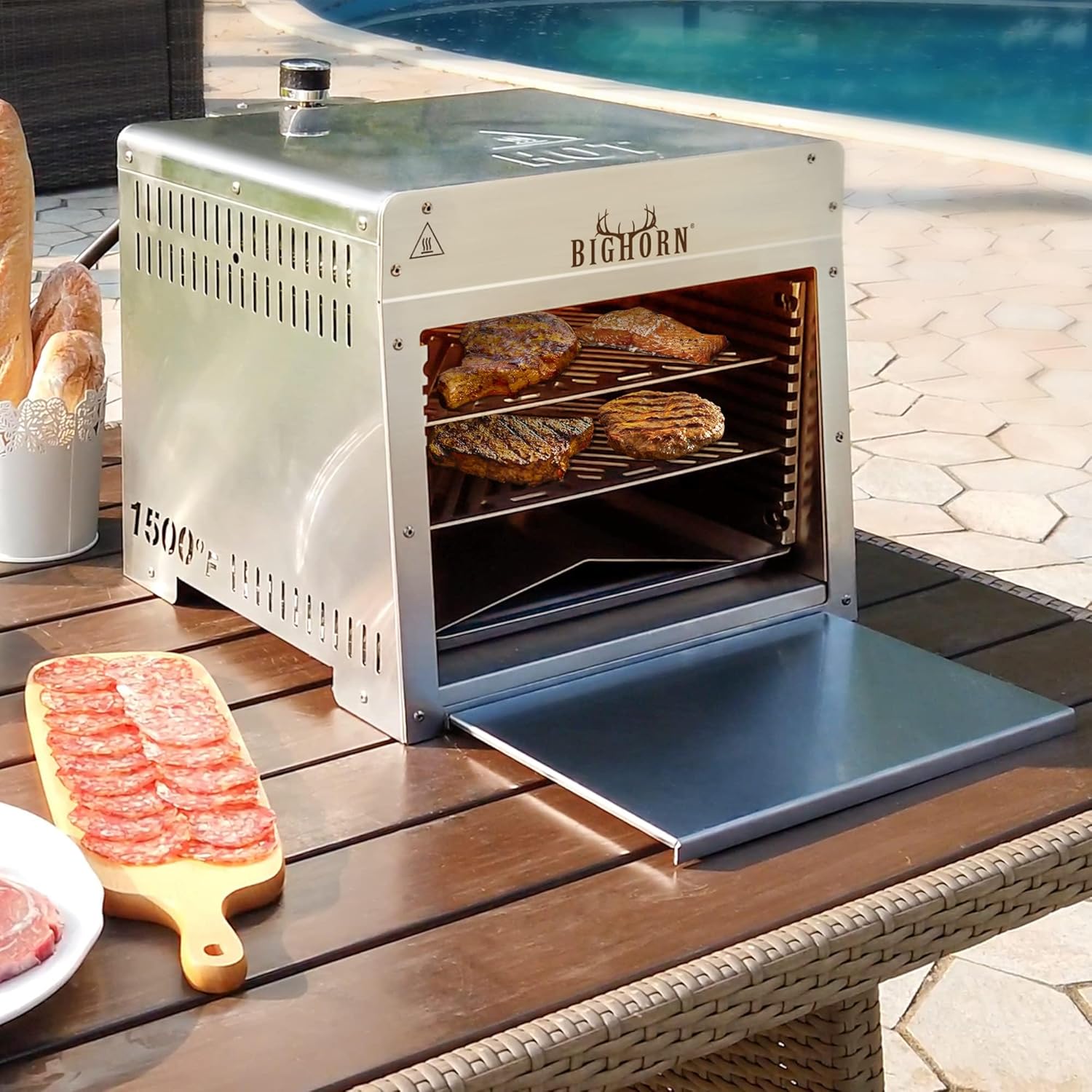 BIG HORN OUTDOORS 1500°F Small Infrared Propane Gas Grill – Portable Steak Broiler & Sear Station  Outdoor Salamander BBQ with Pizza Stone  Stainless Steel