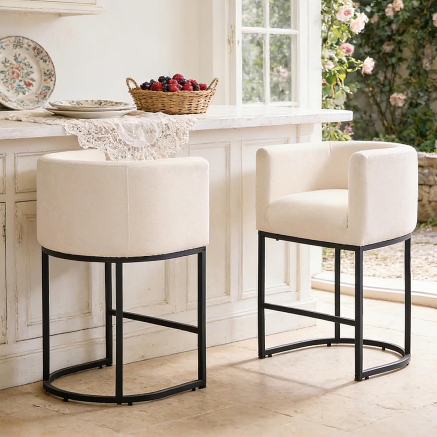 ClinQ 26" H Counter Height Bar Stools Set of 4, Modern Barrel Counter Stools with Backrest and Arms, Black Metal Frames,Linen Fabric Upholstered Accent Barstools for Kitchen Island,Beige
