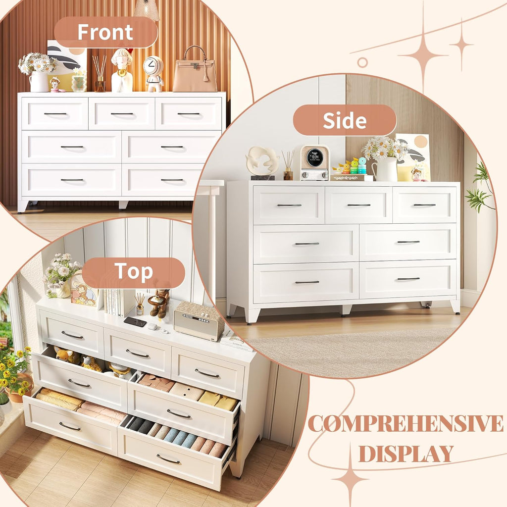 7-Drawer Dresser for Bedroom, 52" Wide White Steel Chest of Drawers with Anti-Tipping Design, Odor-Free Easy to Clean Storage Organizer for Living Room, Entryway, Hallway, Home Office