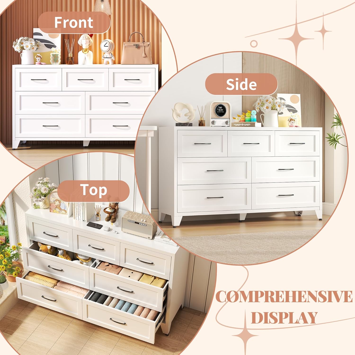 7-Drawer Dresser for Bedroom, 52" Wide White Steel Chest of Drawers with Anti-Tipping Design, Odor-Free Easy to Clean Storage Organizer for Living Room, Entryway, Hallway, Home Office