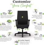 HON Ignition 2.0 Mid Back Task Chair, Advanced Synchro-Tilt Control, Office Chair with Lumbar Support, Height and Width Adjustable Arms, Black Frame, Black
