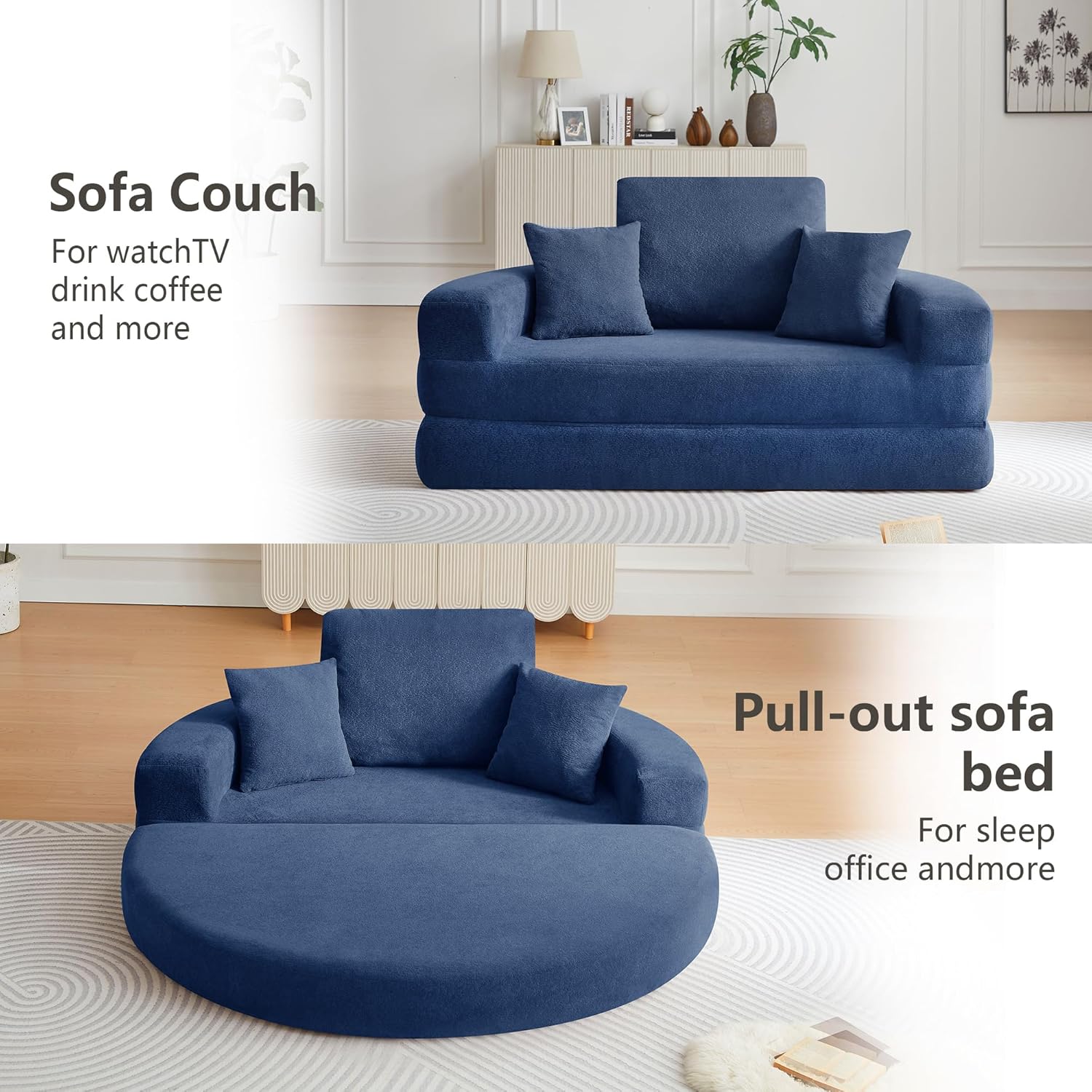71" Boneless Couch Sofa Bed Oversized Round Couch 2-in-1 Foldable Floor Loveseat Sofa for Living Room and Apartment No Assembly.(Blue, 71")
