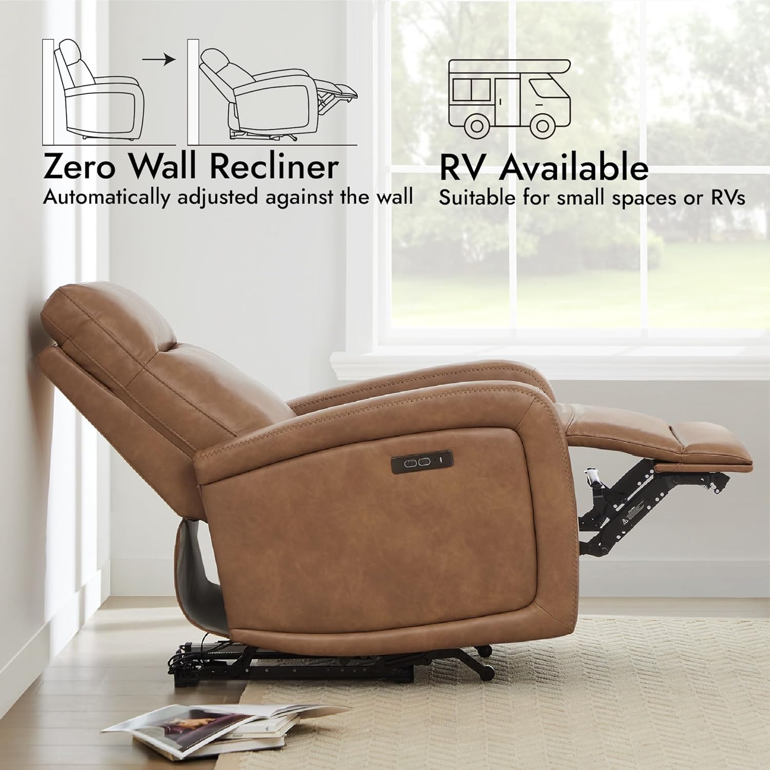 Watson & Whitely Zero Wall Recliners W Power Headrest, Power Recliner Chairs for Adults, Small Home Theater Seating Type-C Charger for Living Room & RV, Faux Leather Cognac Brown
