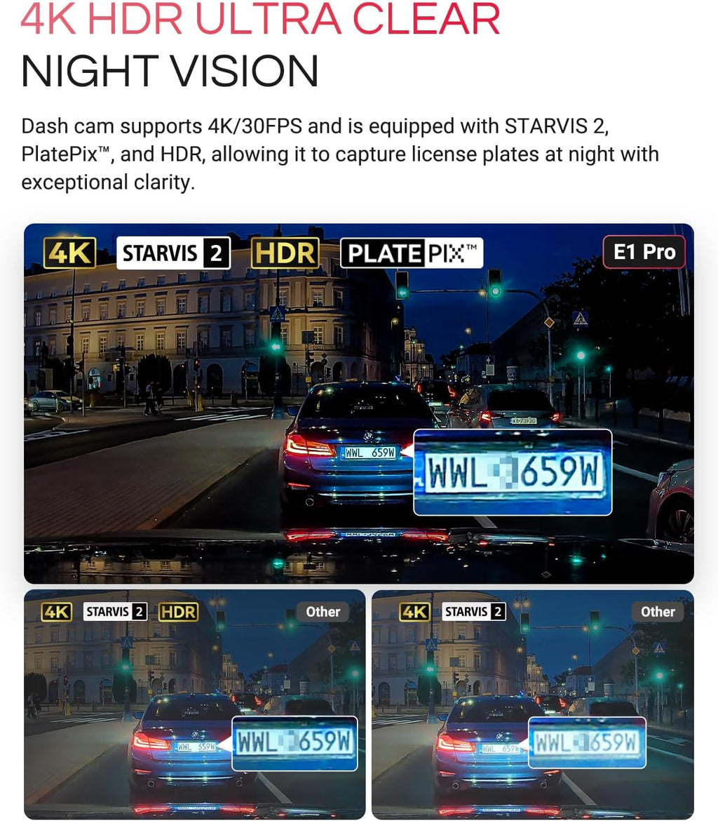 Vantrue E1 Pro 4K Mini Dash Cam Front  STARVIS 2 PlatePix HDR Night Vision Car Camera  Built-in 5G WiFi GPS  1.54'' IPS Screen  Voice Control  24/7 Buffered Parking Mode  Support 1TB Max