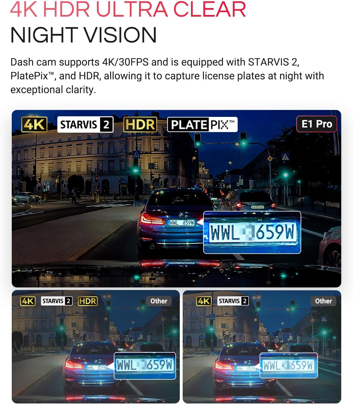 Vantrue E1 Pro 4K Mini Dash Cam Front  STARVIS 2 PlatePix HDR Night Vision Car Camera  Built-in 5G WiFi GPS  1.54'' IPS Screen  Voice Control  24/7 Buffered Parking Mode  Support 1TB Max