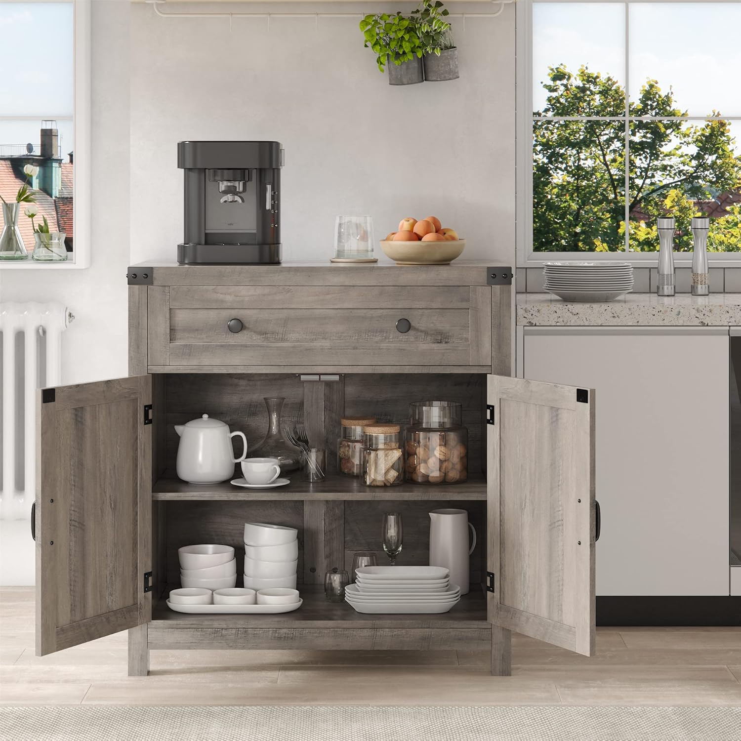 HOSTACK Coffee Bar Cabinet, Kitchen Storage Cabinet, Modern Farmhouse Buffet Sideboard with Drawer and Adjustable Shelf, Barn Door Accent Cabinets for Kitchen, Dining Room, Entryway, Ash Grey
