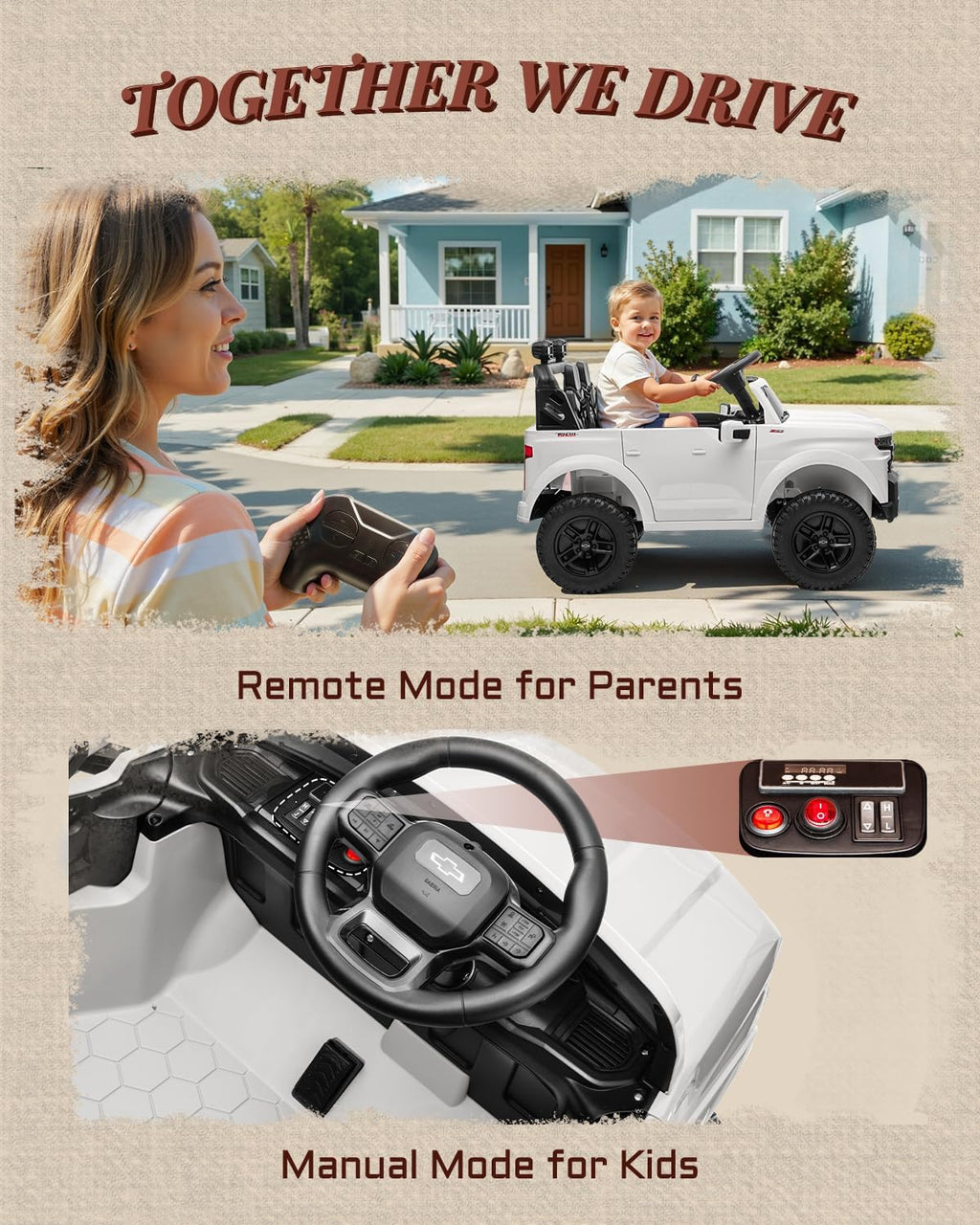 First Ride On 24V 2 Seater Ride on Car for Kids  Licensed Chevrolet Silverado Electric Car for Kids with Remote Control  Toddler Car with Bluetooth  LED Lights  Seat Belts and Spacious Design (White)