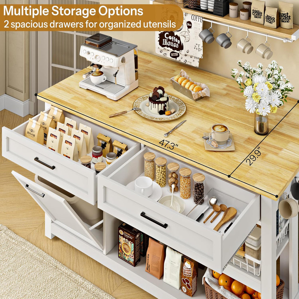 Kitchen Island with Storage and Seating Include 2 Bar Stools, 47" Solid Rubberwood Top Kitchen Island with Trash Can Storage, Power Outlet, 2 Drawers & Open Shelves Cabinet, Dining Table for 2, White