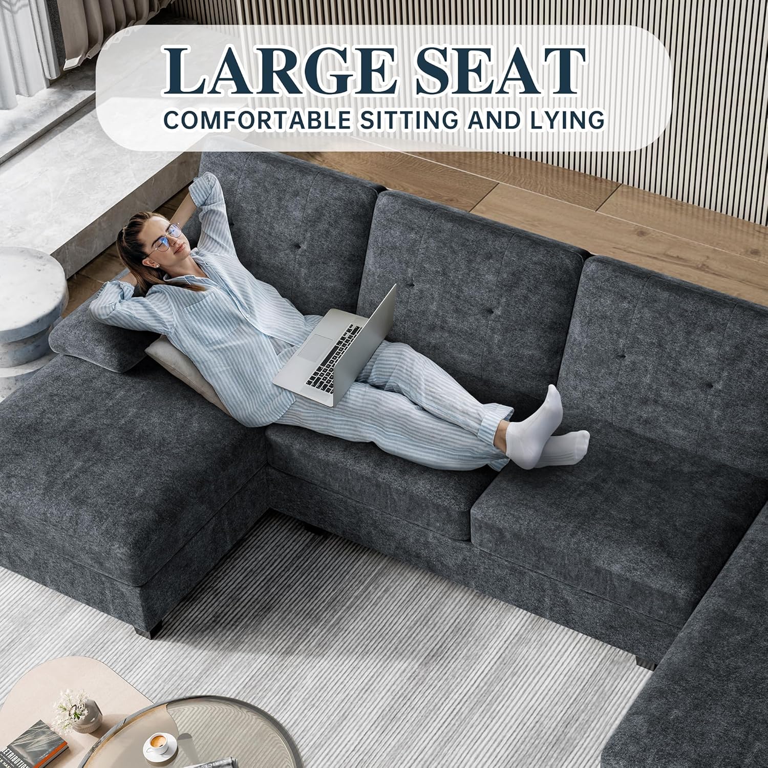 Shintenchi U-Shaped Sectional Couches for Living Room, 4 Seat Sofa with Double Chaise Lounges,Solid Wood Frame Sectional Sofa for Apartment,Dark Grey