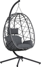 SWITTE Hanging Egg Chair with Stand, Outdoor Indoor Rattan Wicker Egg Swing Chair with Cushion, Heavy Duty Patio Hammock Chairs for Garden Backyard Balcony Bedroom, 400LBS Capacity, Dark Grey