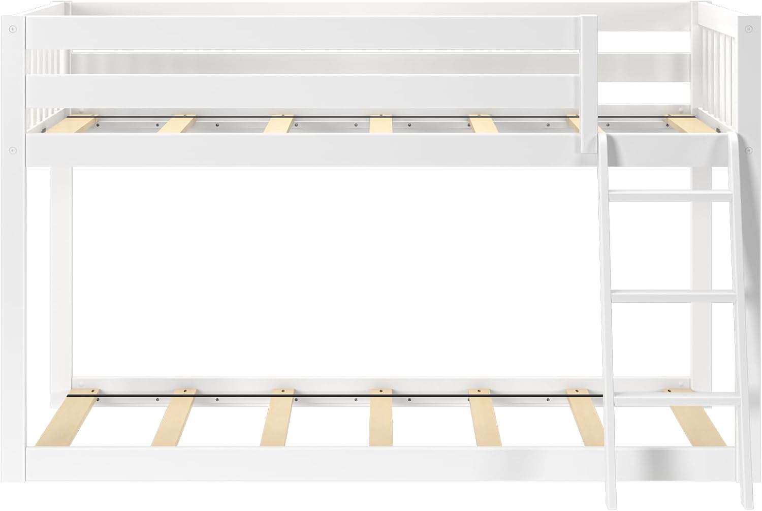 Max & Lily Fundamental Twin Low Bunk Bed, Kids Solid Wood Modern Bed Frame with Strong Wooden Slats, Non-Toxic Finishes, High Weight Capacity, White