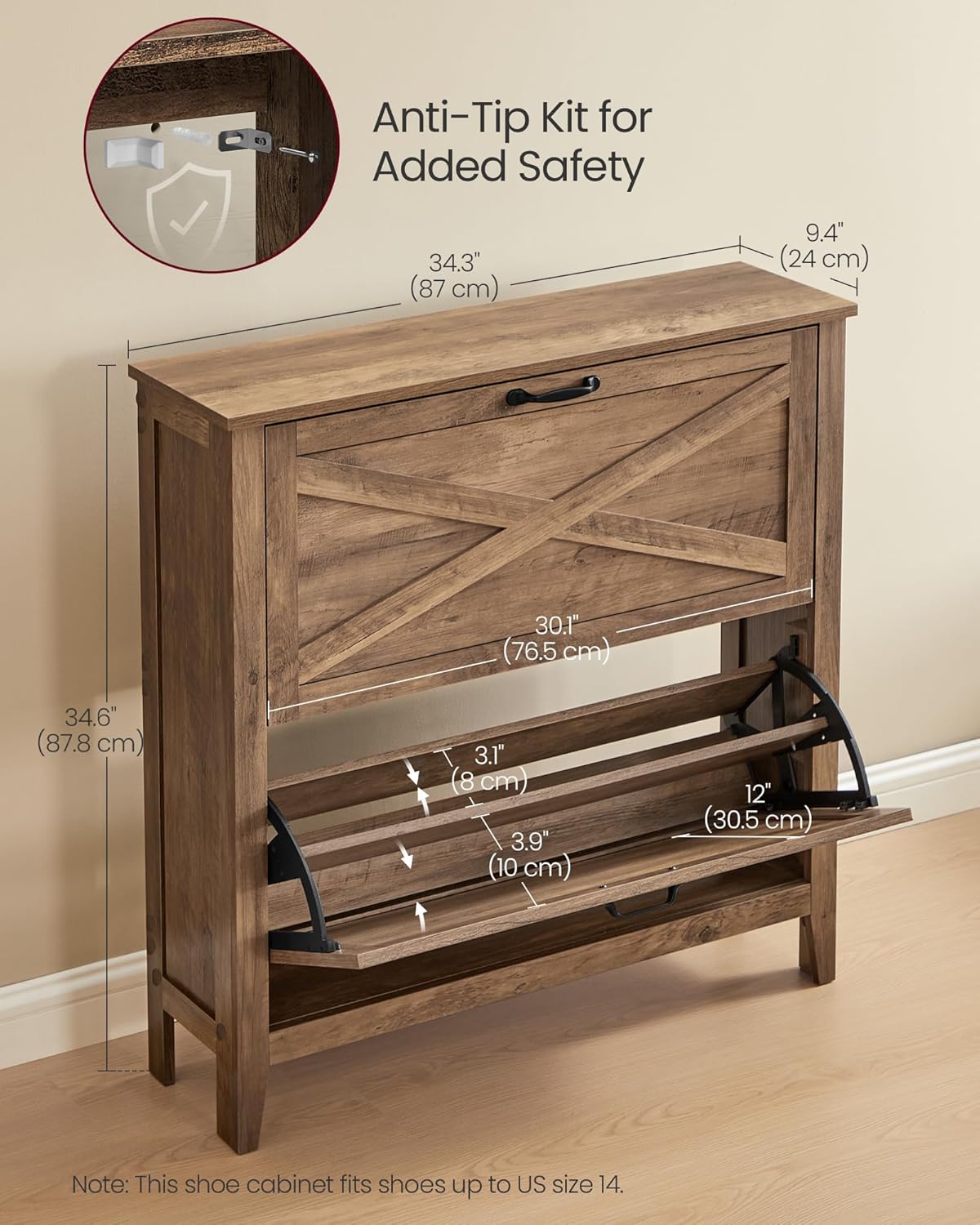 VASAGLE LIRY Collection - Shoe Storage Cabinet Organizer with 2 Flip Drawers, Freestanding Narrow Shoe Rack Cabinet for Entryway, Farmhouse Style, Fits 12 to 16 Pairs, Honey Brown UHSC201K01