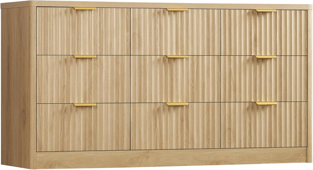 TEENFON Fluted Dresser for Bedroom with 9 Drawers, 63" Wide Modern Chest of Drawers with Metal Handle & Curved Profile Design, Wood Closet Clothes Storage Organizer for Living Room, Hallway, Natural