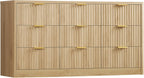 TEENFON Fluted Dresser for Bedroom with 9 Drawers, 63" Wide Modern Chest of Drawers with Metal Handle & Curved Profile Design, Wood Closet Clothes Storage Organizer for Living Room, Hallway, Natural