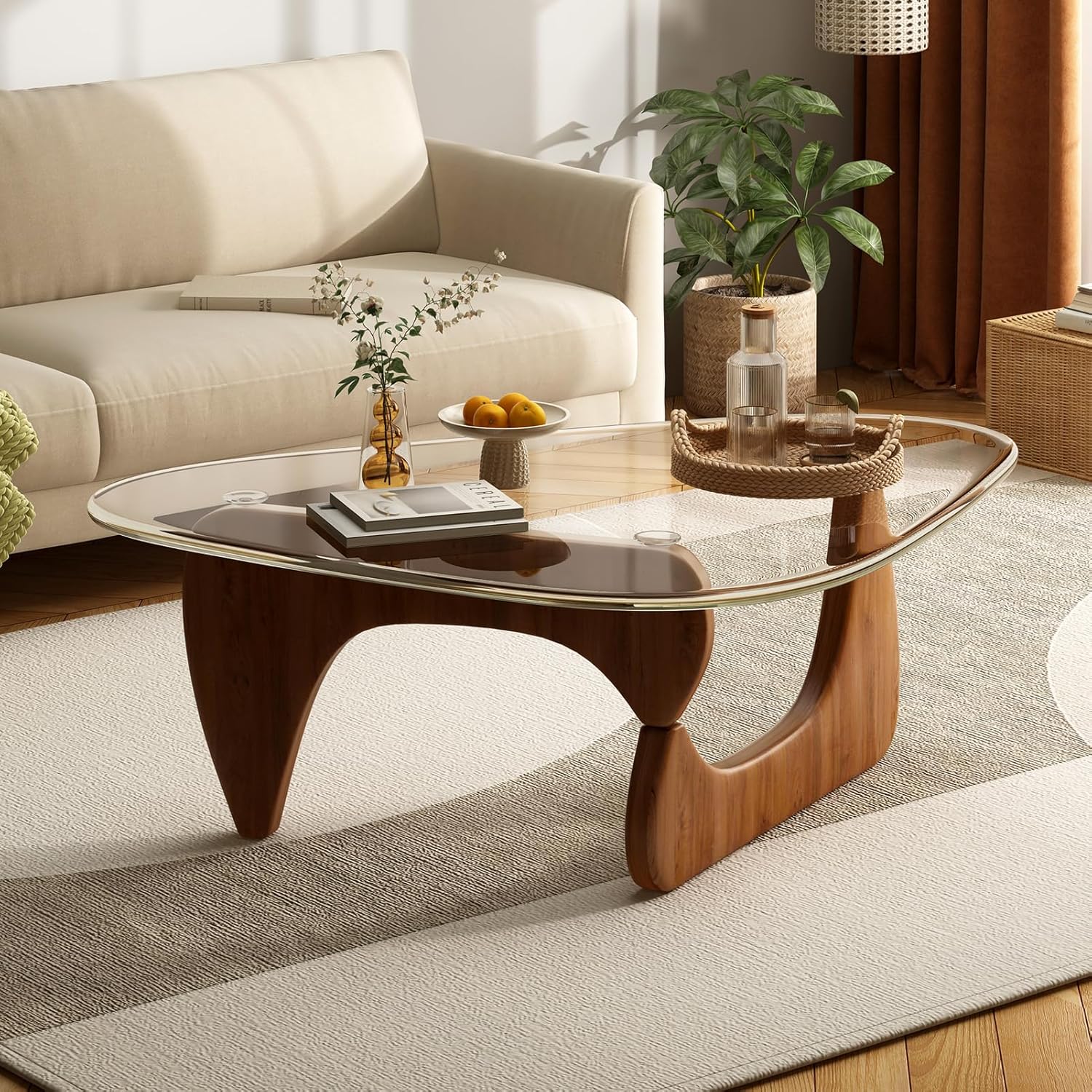 Coffee Table for Living Room Mid Century Modern Center Table with Glass Top and Wood, Transparent/Walnut