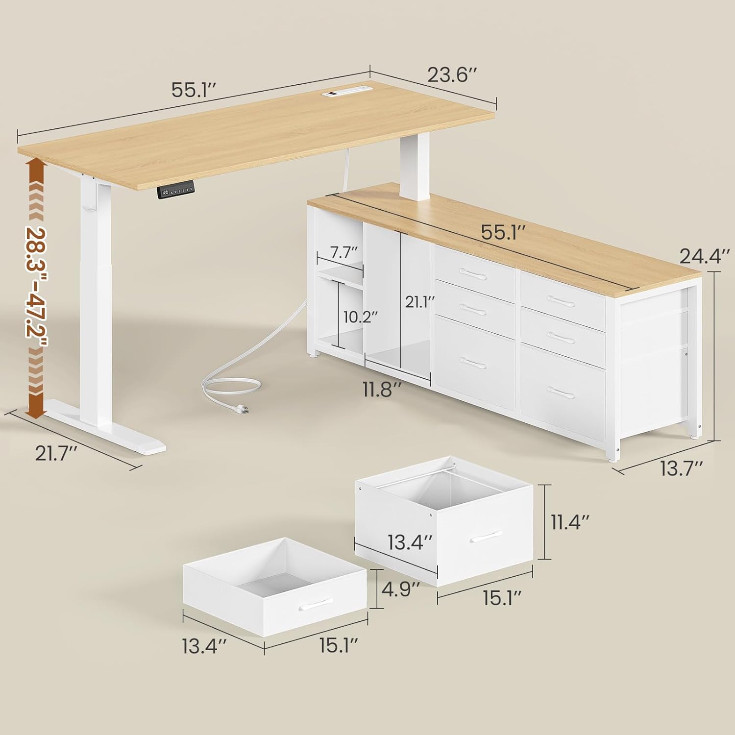 SEDETA L Shaped Electric Standing Desk, 55" x 55" Height Adjustable Office Executive Desk with 6 Fabric Drawers and Storage Shelves, Sit Stand Computer Desk with Power Outlet for Home Office (Oak)