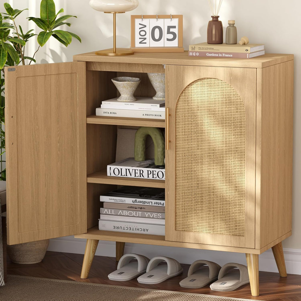 Keehusux Rattan Buffet Cabinet with Storage, Boho Buffet Table with Adjustable Shelf and Solid Wood Legs, Accent Sideboard with Doors, Floor Cabinet for Kitchen, Dining Room and Living Room, Natural