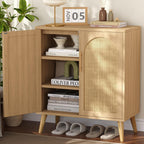 Keehusux Rattan Buffet Cabinet with Storage, Boho Buffet Table with Adjustable Shelf and Solid Wood Legs, Accent Sideboard with Doors, Floor Cabinet for Kitchen, Dining Room and Living Room, Natural