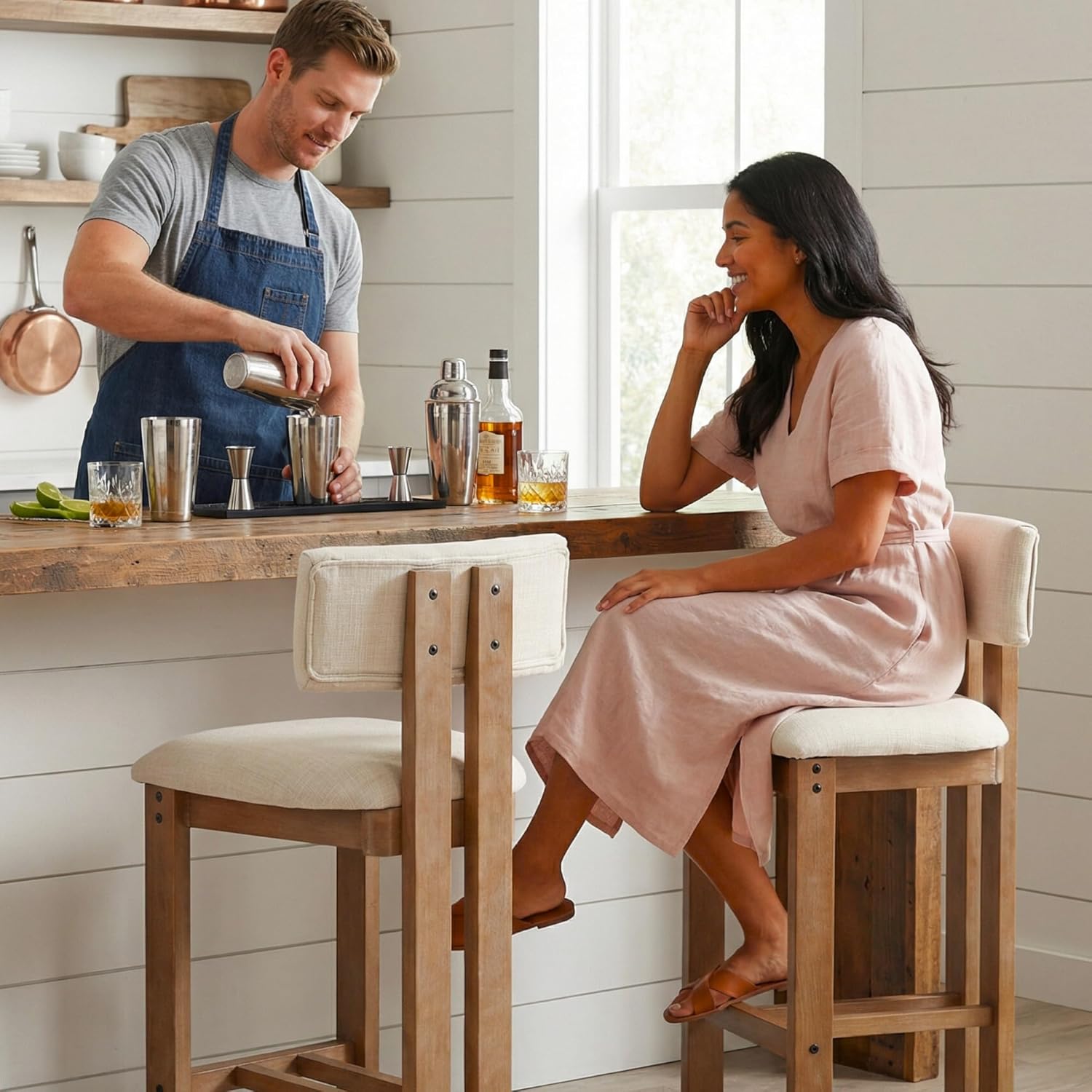 Mid Century Modern 26" Counter Bar Stools Set of 2, Farmhouse Comfy Upholstered Wooden Counter Height Barstools with Footrest for Kitchen Island/Home Bar/Cafe, Linen Beige White