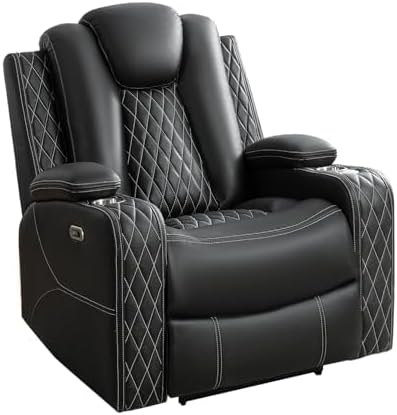 Chicago Home Theater Recliner Chair – Bluetooth Speakers, Wireless Charging, Power Recline, Adjustable Headrest, LED Lighting, Cup Holders & Premium Faux Leather for Ultimate Comfort