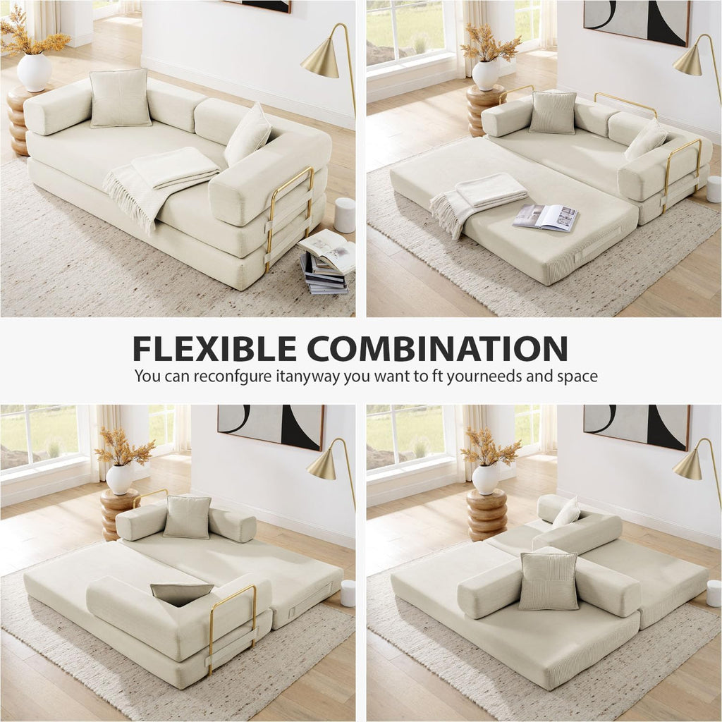 Convertible Folding Sofa Bed, Modern Futon Sleeper Sofa Fold Out Couch Bed with Gold Fixed Frame, Modular Floor Sofas Comfy Corduroy Boneless Couches for Living Room (78" Beige)