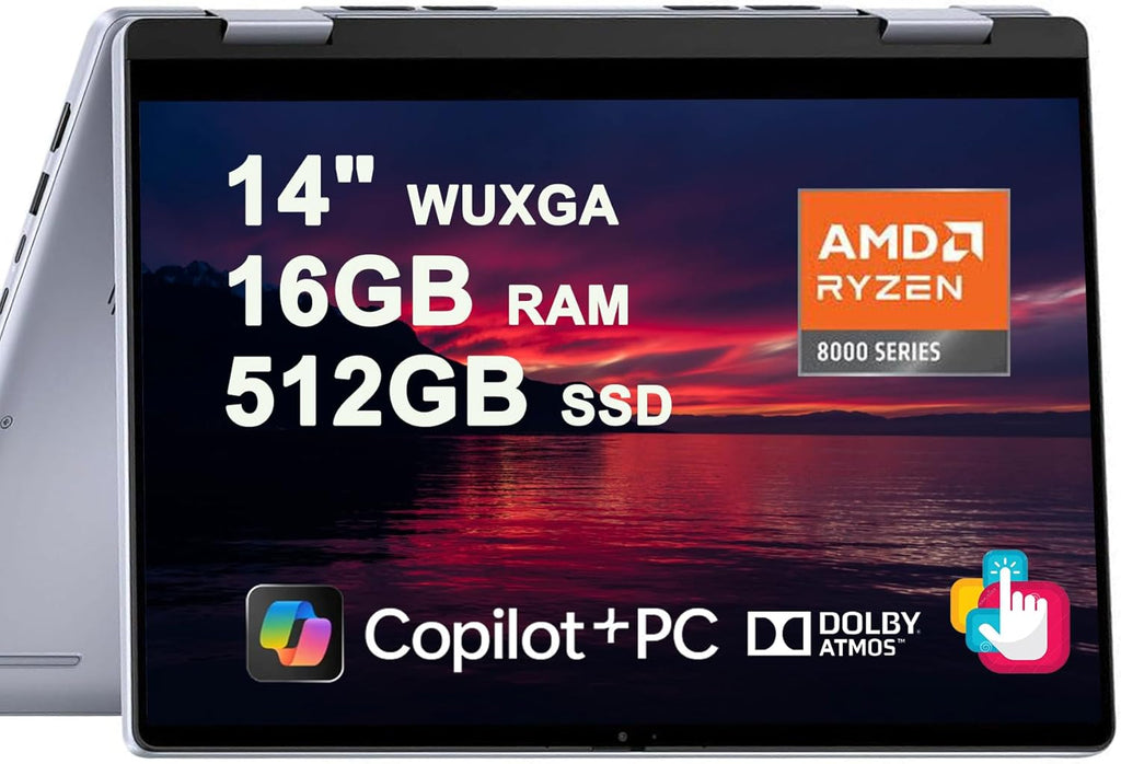 Dell Inspiron 14 7445 2-in-1 Laptop 14" WUXGA Comfortview Touchscreen AMD 6-core Ryzen 5 8640HS (>i7-1355U) 16GB RAM 512GB SSD Backlit for Creator Business Professional Work Win11 w/Copilot AI