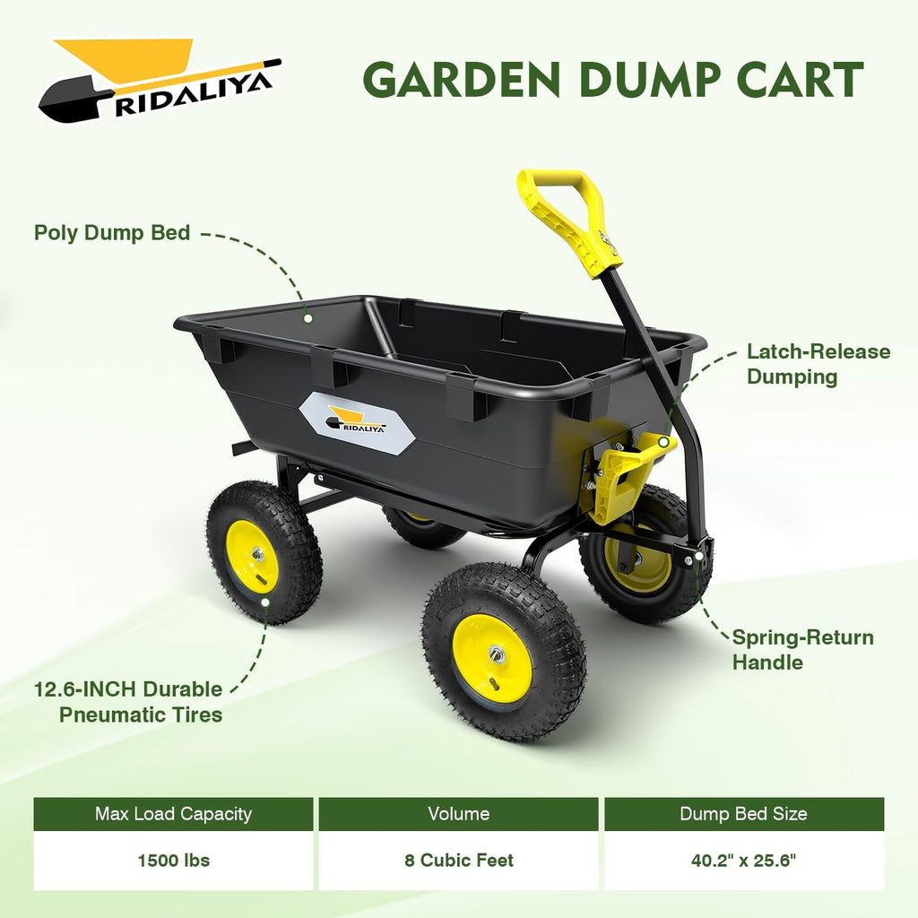 Garden Dump Cart  Heavy-Duty Utility Wagon with 1200 lbs Capacity  6 Cu Ft Bed  12.6" Pneumatic Tires  180° Pivot Steering for Yard  Lawn  and Beach Use