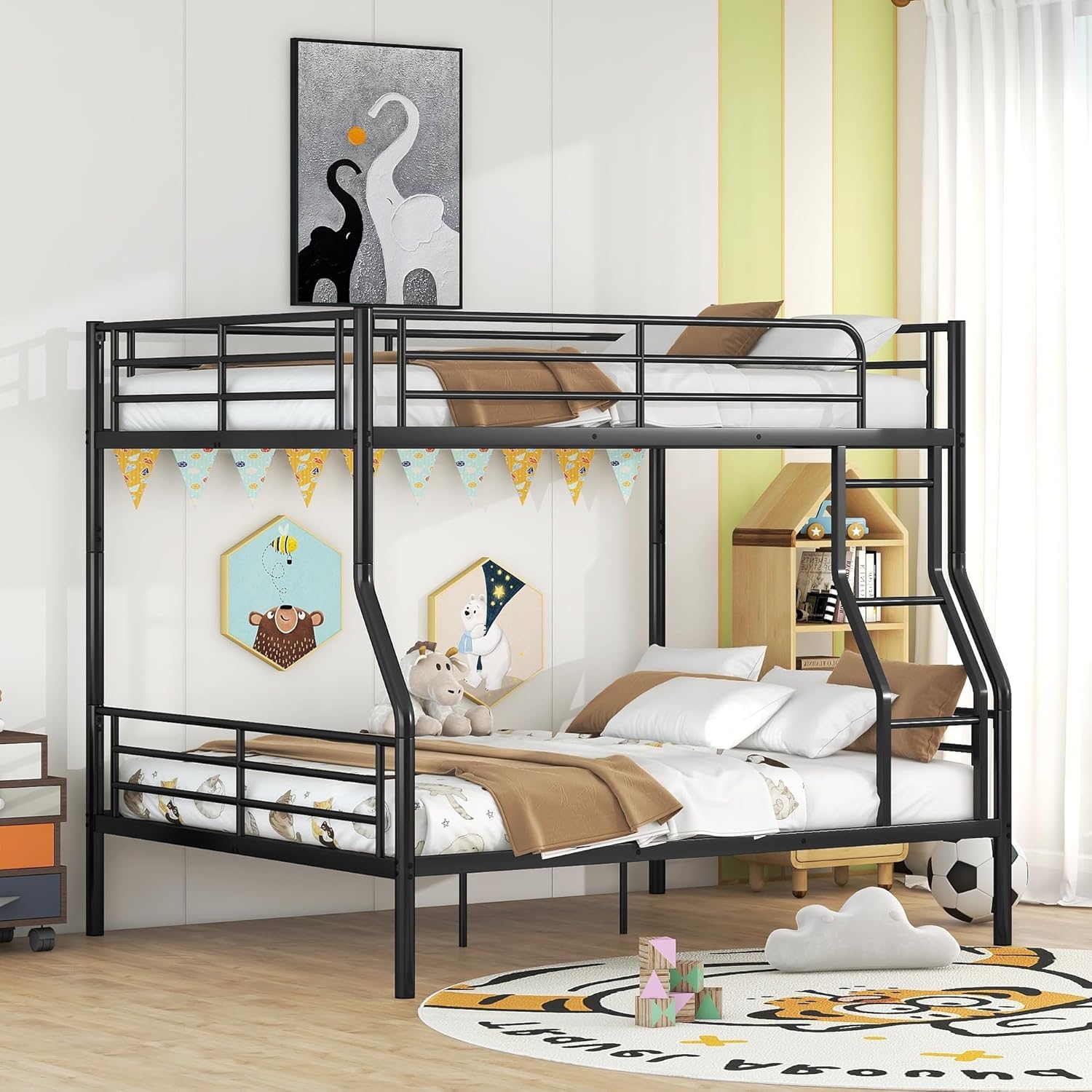 Full XL Over Queen Metal Bunk Bed,Heavy-Duty Metal Bunk Bed Fame with Ladder&Full-Length Guardrails,Convertible into 2 Individual Twin Beds for Kids,Teens,and Adults,Under-Bed Storage Space,Black