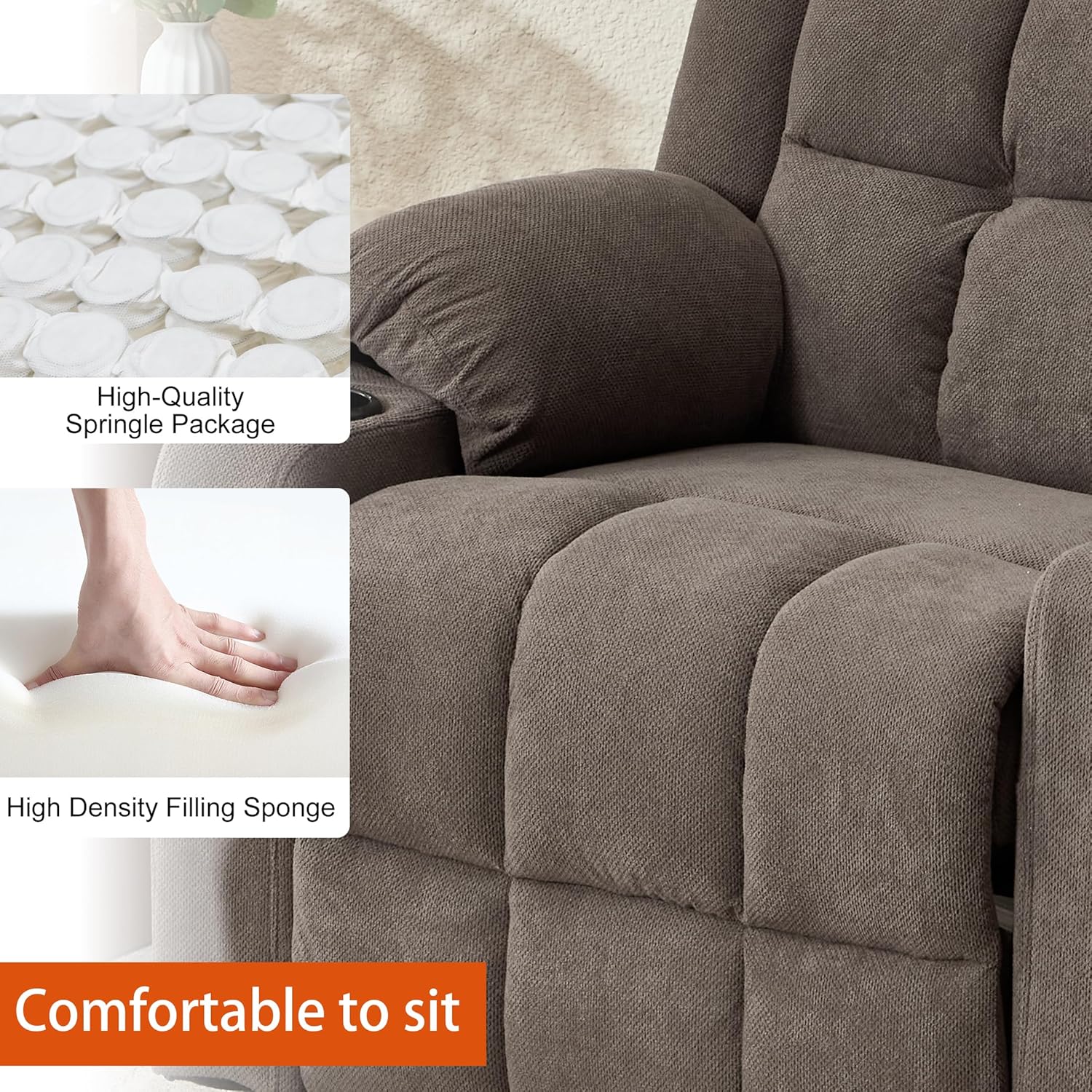 Electric Power Lift Recliner Chair Sofa with Massage and Heat for Elderly, USB and Type-C Ports, Cup Holders, Infinite Position (Brown, Regular)