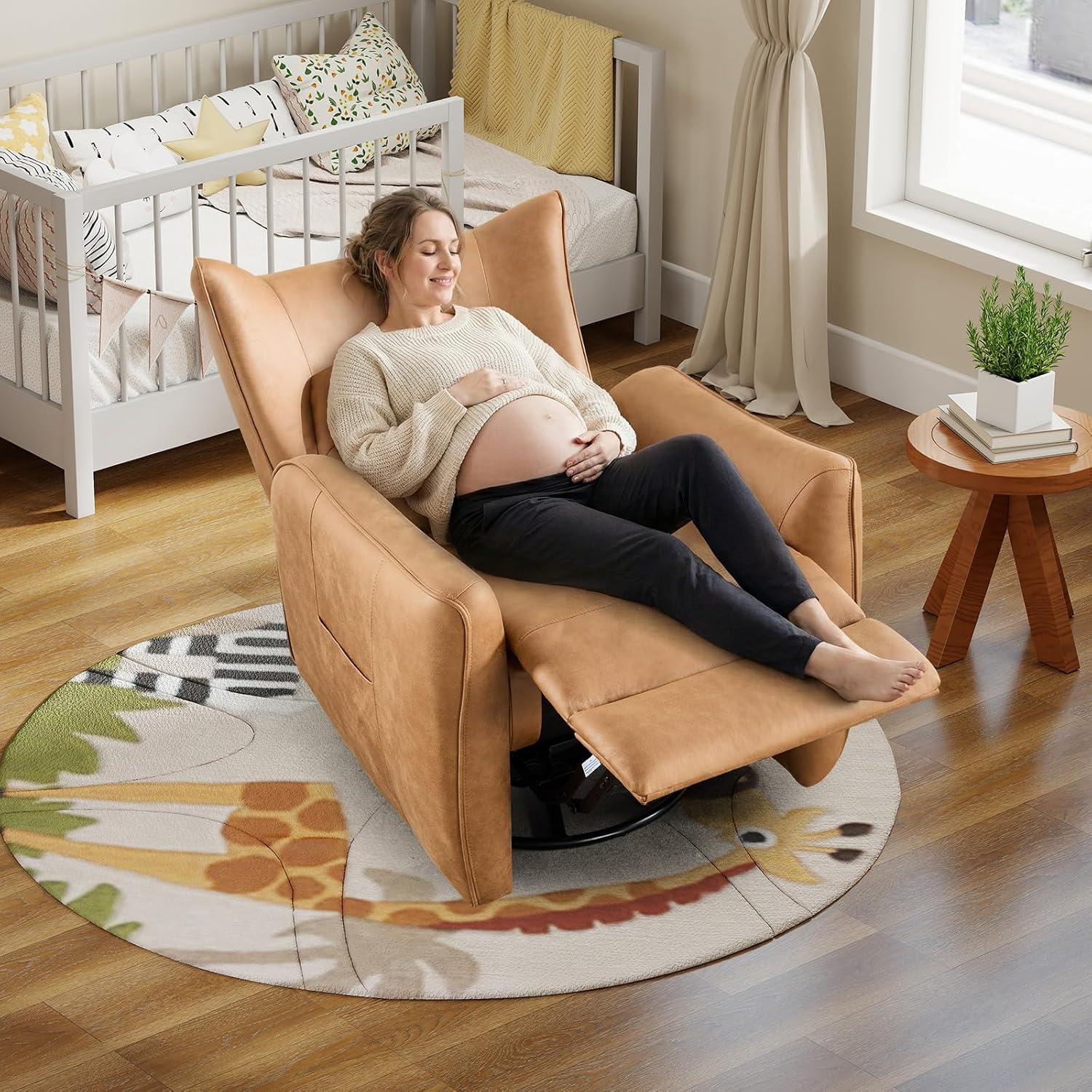 Bonzy Home 270° Swivel Power Recliner Chair, 30° Rocking Chair with Lumber Cushion and Highly Enveloping Backrest, Electric Reclining Home Theater Seat for Nursery, Bedroom, Living Room, Brown