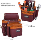 FUERI Leather Tool Belt 17 Pocket Pouches Bags Men Suspenders Holder Organizer for Carpenter Construction Electrician - Maroon