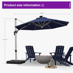 PURPLE LEAF 10ft Patio Umbrella with Lights Outdoor Round Cantilever Solar Powered LED Umbrella with 360-degree Rotation for Garden Deck Pool Patio, Navy Blue