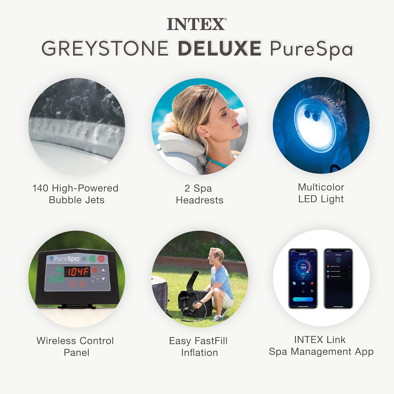 INTEX PureSpa Greystone Deluxe Inflatable Hot Tub  with with Built-in FastFill Inflation System  Spa Control App  and 4 Person Capacity  83" x 28"