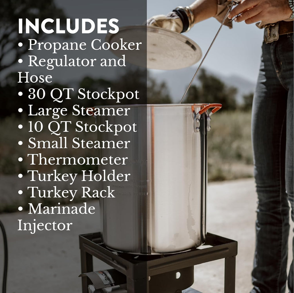 GasOne 30QT Turkey Fryer and 10QT Fish Fryer Set, Seafood Boil Steamer, Crawfish Boiler, Outdoor Cooker for Crab, Shrimp, Lobster, Complete Black Fryer Kit for Holiday and Seasonal Cooking
