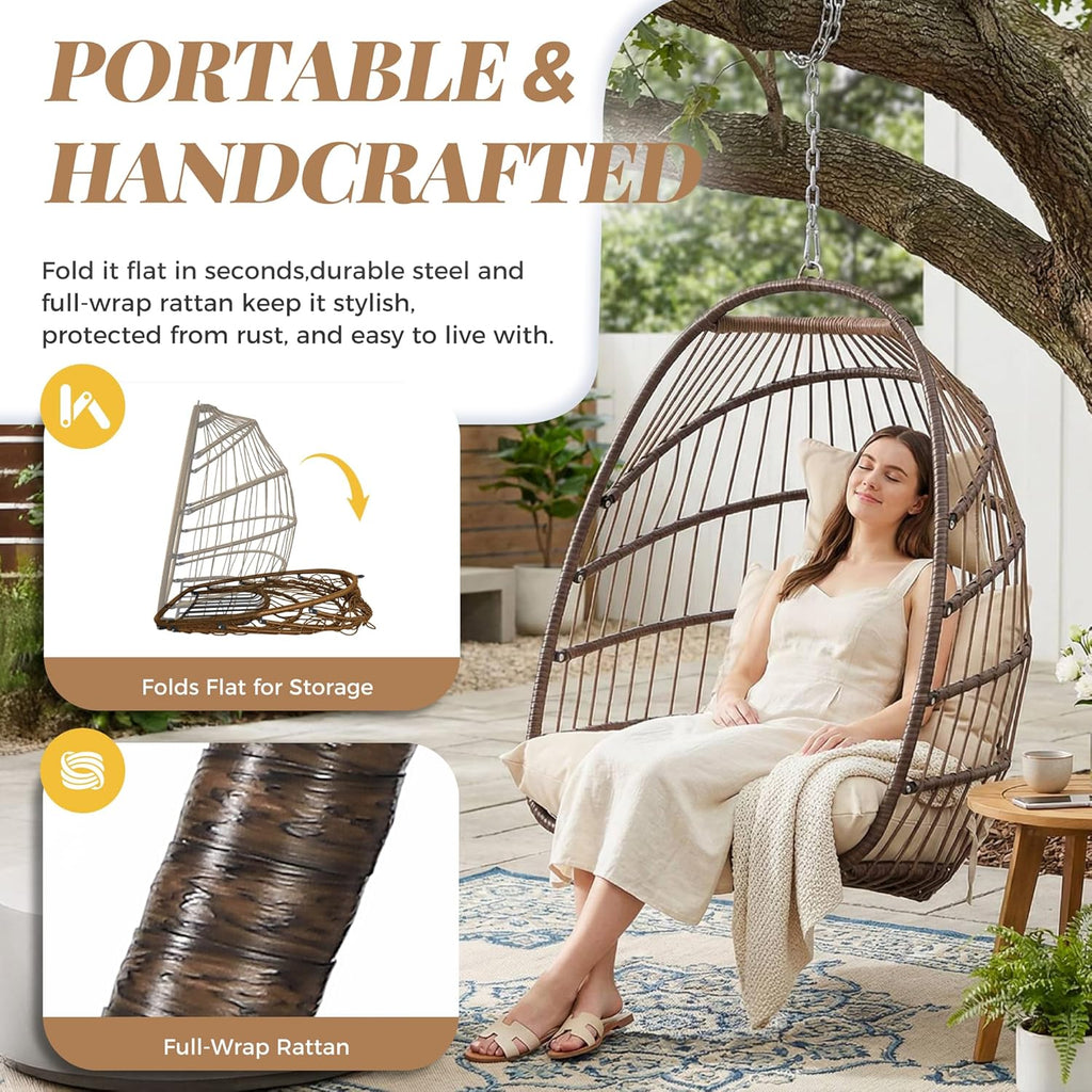 BULEXYARD Foldable Egg Swing Chair Without Stand, 350 Lbs Durable Rattan Wicker Hanging Patio Chair with Padded Cushion, Cozy Basket Hammock Seat for Indoor Outdoor Bedroom Balcony Tree, Brown Tan