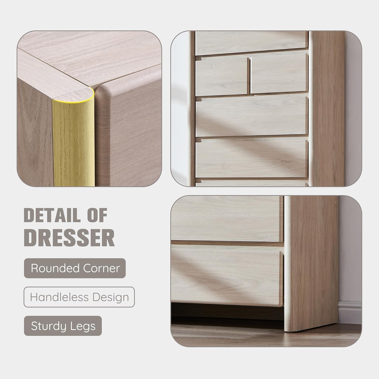 Modern 7 Drawers Dresser for Bedroom, 54.7" Tall Large Dresser & Chests of Drawers w/Rounded Corner, Wood Handleless Organizer Dresser w/Natural Texture for Bedroom, Living Room-Cream
