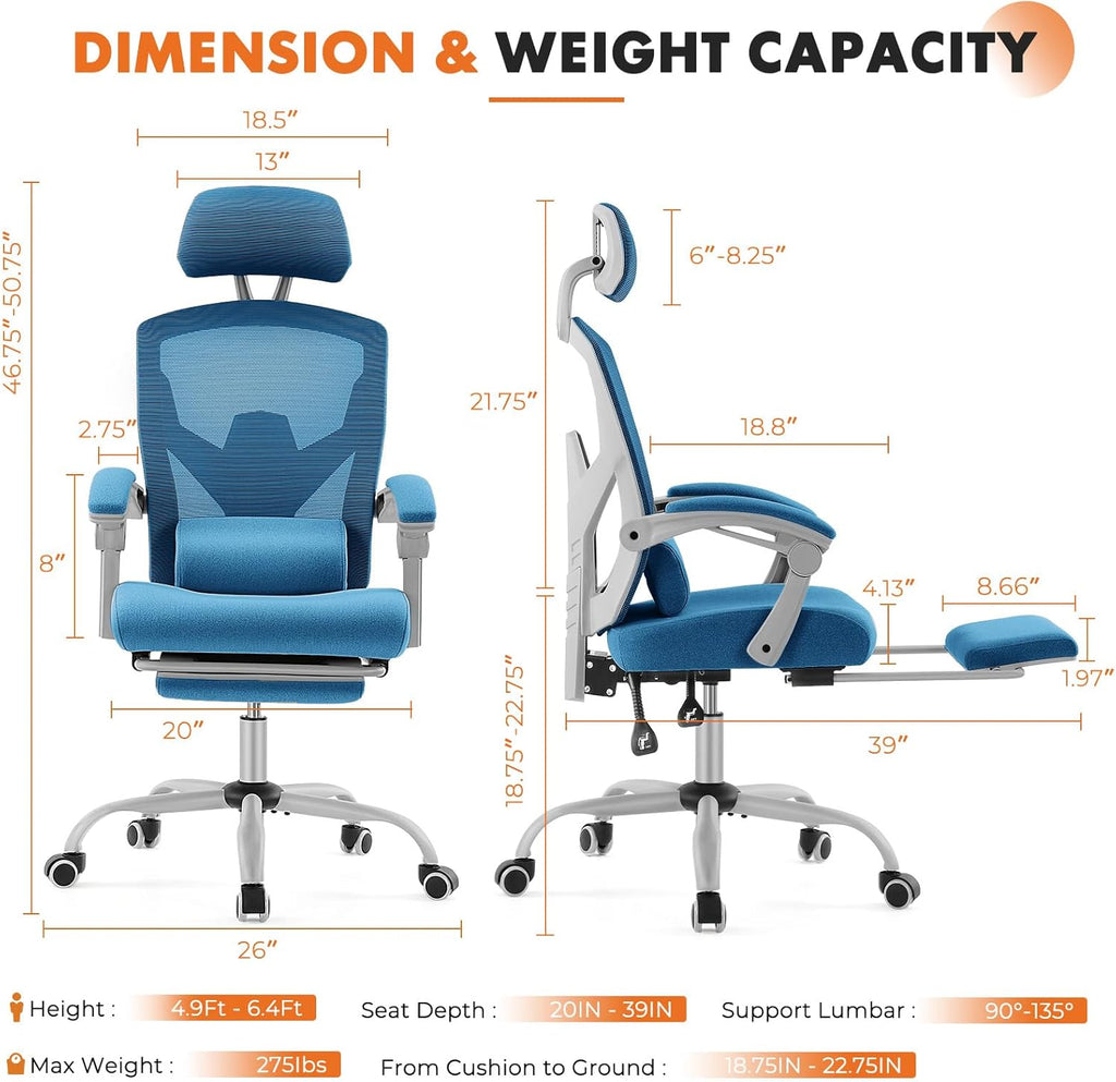 Sweetcrispy Office Computer Desk Chair, Ergonomic High-Back Mesh Rolling Work Swivel Chairs with Wheels, Comfortable Lumbar Support, Comfy Arms for Home, Bedroom, Study, Student, Blue