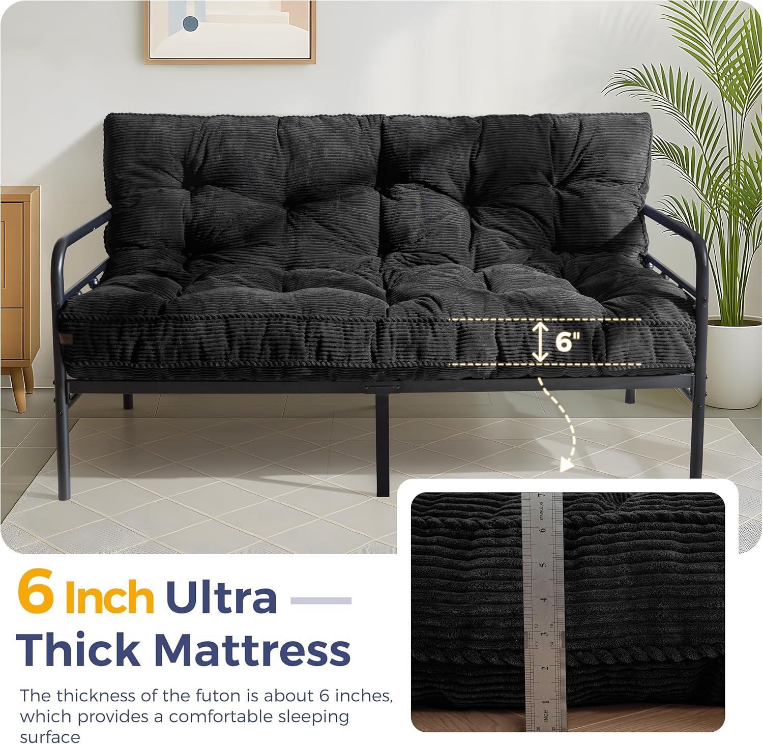 MAXYOYO 6" Futon Mattress Full Size, Tufted Futons Sofa Couch Bed with Twisted Rope Design Edging, Thick Corded Fabric Floor Mattress for Adults, Shredded Foam Filling (Frame Not Included), Black