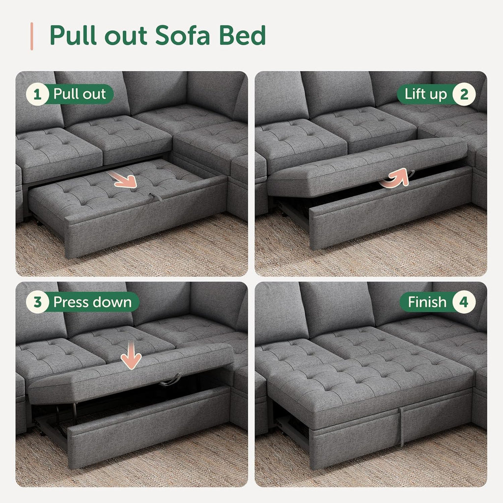HONBAY Modular Sectional Sleeper Sofa with Pull Out Bed, Linen Convertible L Shaped Couch with Storage Seat, Sectional Couches for Living Room,Grey